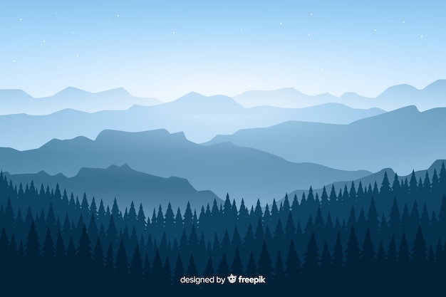 Bergenlandschap met bomen op blauwe schaduwen Gratis Vector
