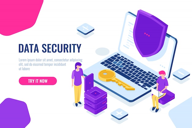 Bescherming en beveiliging van computerdata isometrisch, laptop met schild, man zit op stoel met laptop Gratis Vector