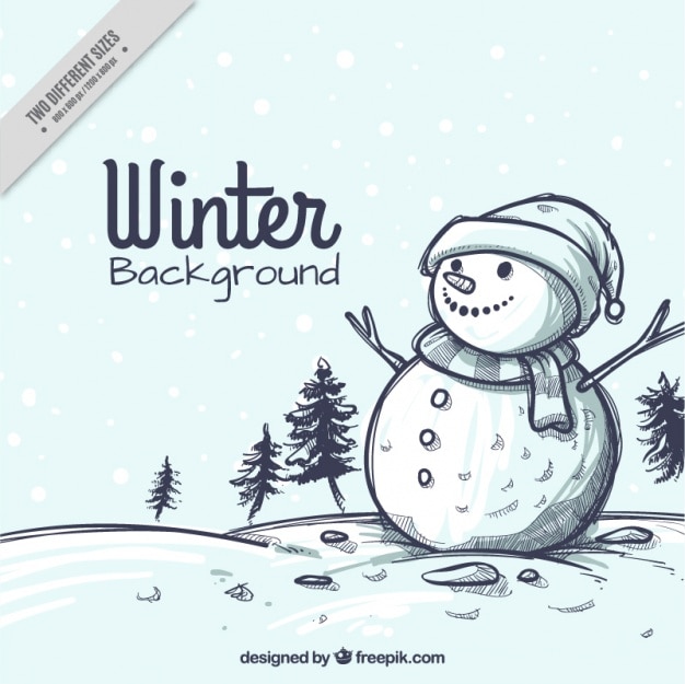 Besneeuwde landschap kerst schets achtergrond met sneeuwpop Gratis Vector