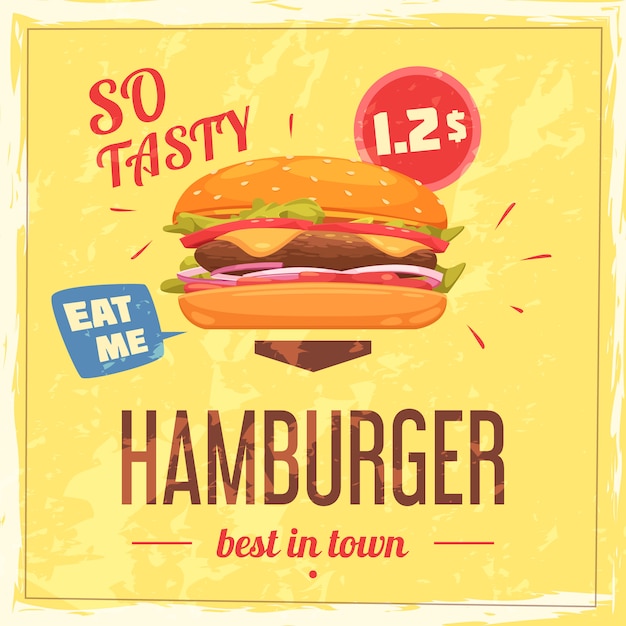 Beste hamburger in stadsaffiche met de bel van de prijstoespraak en kader op geweven gele achtergrond Gratis Vector