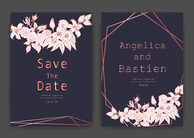 Bewaar de datum bruiloft kaart, bruiloft uitnodigingskaarten met hand getrokken botanische. Premium Vector