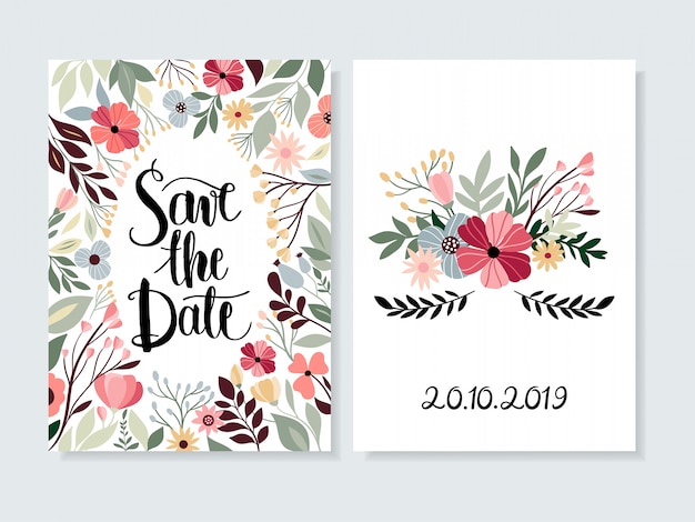 Bewaar de datumuitnodiging met bloemen en hand belettering Premium Vector
