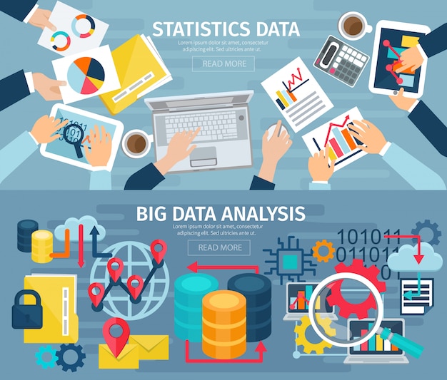 Big data-analyse en database statistische systemen 2 platte banners Gratis Vector