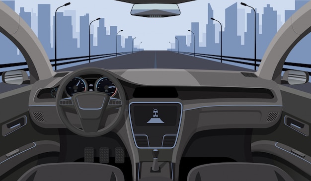 Binnenkant auto bestuurder weergave met roer, dashboard voorpaneel en snelweg in voorruit cartoon snelweg Premium Vector