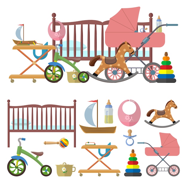 Binnenland van babyruimte en vectorreeks speelgoed voor jonge geitjes. illustratie in vlakke stijl. bed, kinderkamer, fiets, koets Premium Vector