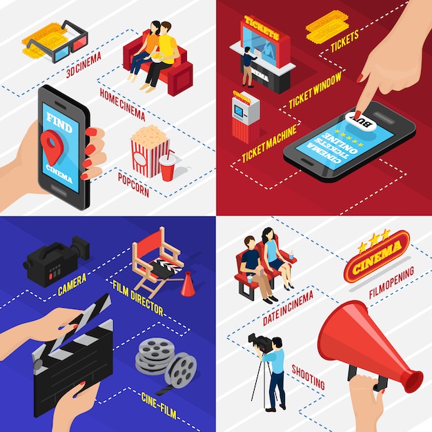 Bioscoop 3d isometrische concept met smartphone locatie en ticketing apps zetels reel en filmen apparatuur Gratis Vector