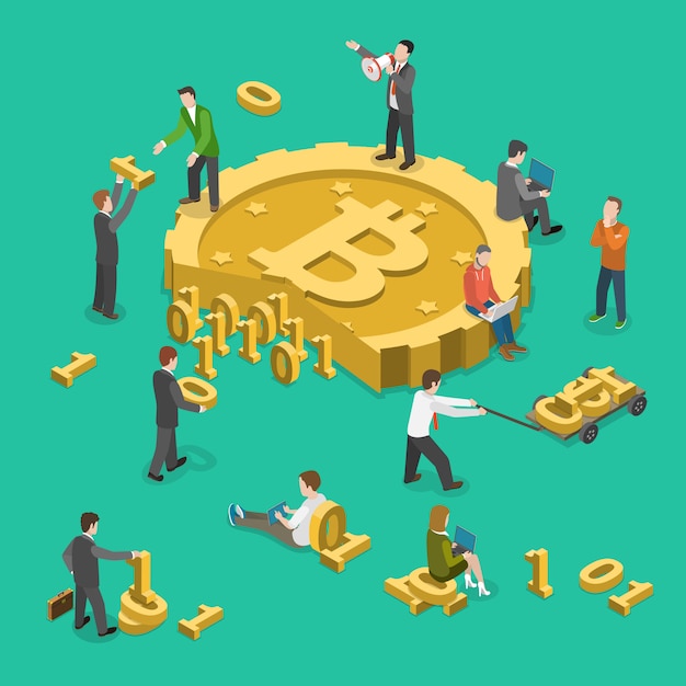 Bitcoin mijnbouw plat isometrisch laag poly vectorconcept Premium Vector