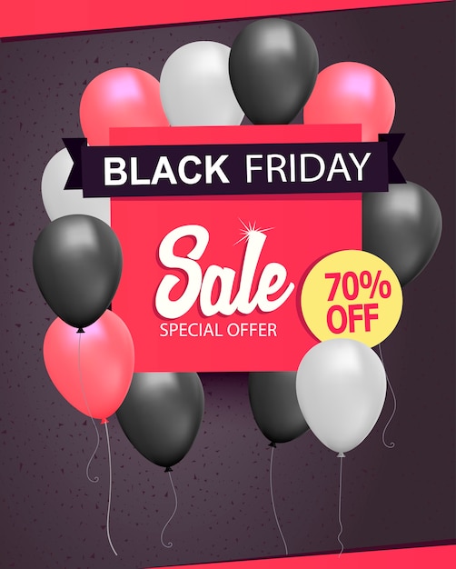 Black friday sale winkel flyer, achtergrond met helium ballon bos poster, realistische korting sjabloon voor spandoek. | Premium Vector