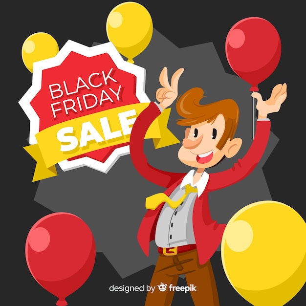 Black friday-verkoopachtergrond met leuk karakter in vlak ontwerp Gratis Vector
