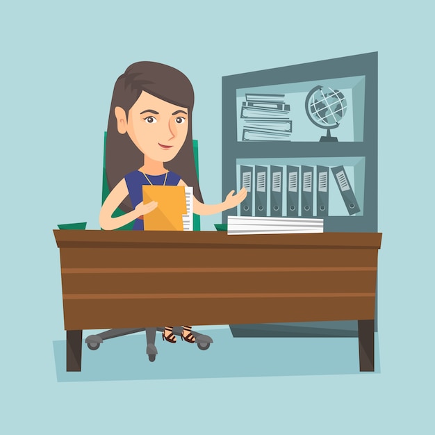 Blanke kantoormedewerker die met documenten werkt. Premium Vector