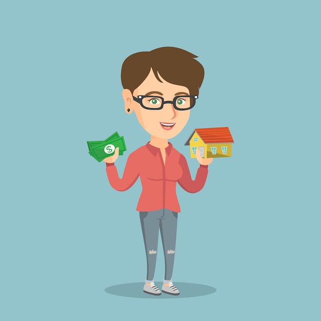 Blanke vrouw huis kopen dankzij lening. Premium Vector