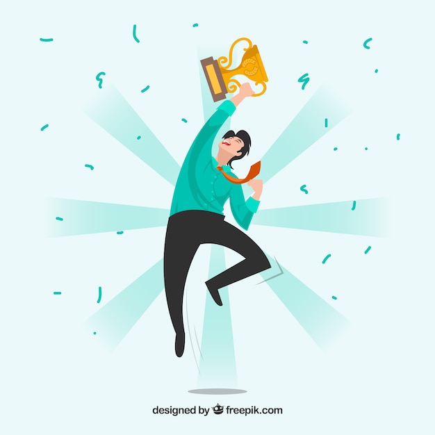 Blije karakter winnende prijs met plat ontwerp Gratis Vector
