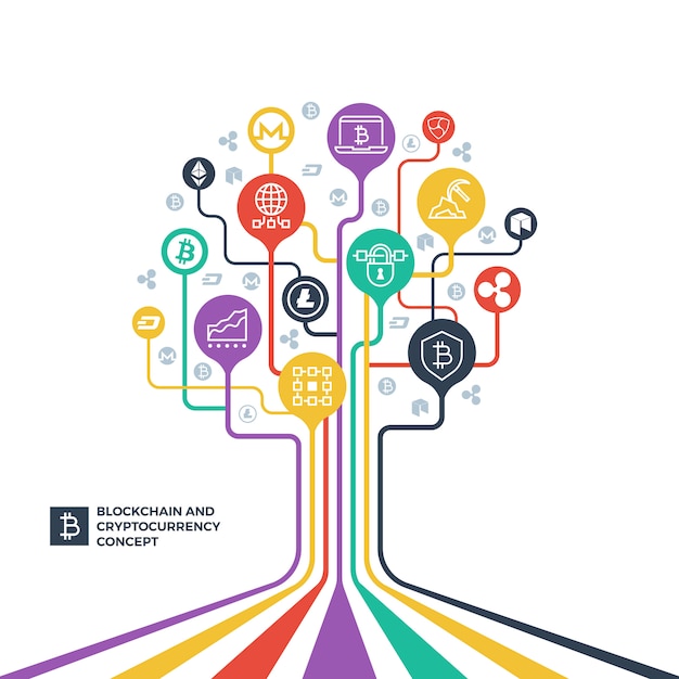 Blockchain, cryptocurrency cryptography and data distribution vector concept Premium Vector