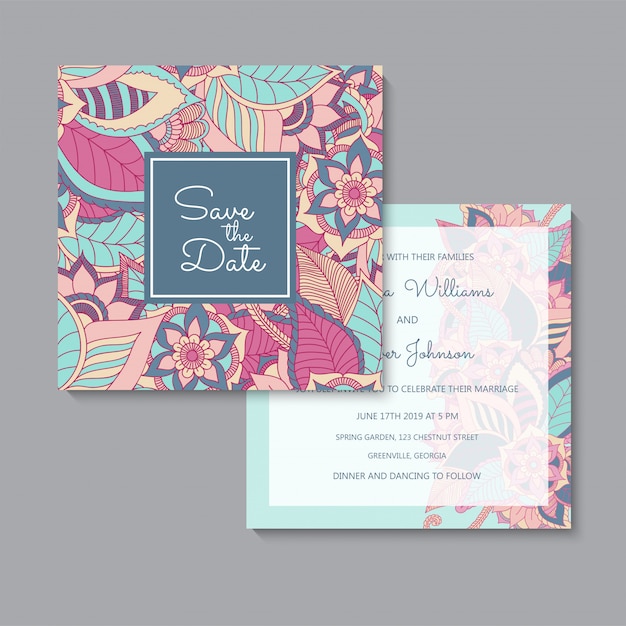 Bloemen bruiloft sjabloon roze en blauwe bloemen kaarten set Gratis Vector
