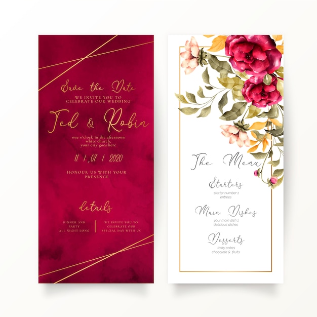 Bloemen en rode bruiloft uitnodiging en menusjabloon Gratis Vector