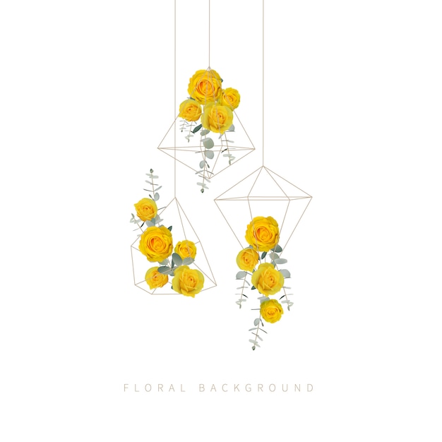 Bloemenachtergrond met gele rozen in terrarium Premium Vector