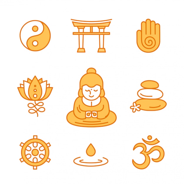 Boeddhistische religieuze heilige symbolen kleur pictogram. moderne platte  lijn stijlicoon desgin. geïsoleerd in wit. esoterisch, boeddhisme, thais,  god, yoga, zen | Premium Vector