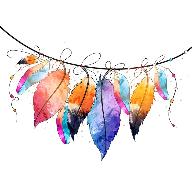Boho stijl abstracte aquarel hangende veren ontwerp, creatief handgetekend decoratief element. Gratis Vector