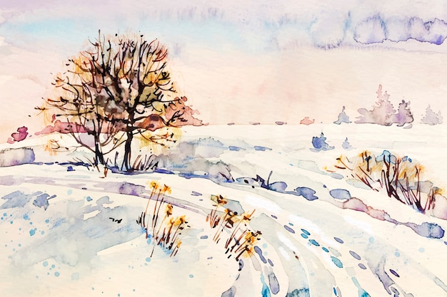 Bomen en besneeuwde weg landschap Gratis Vector