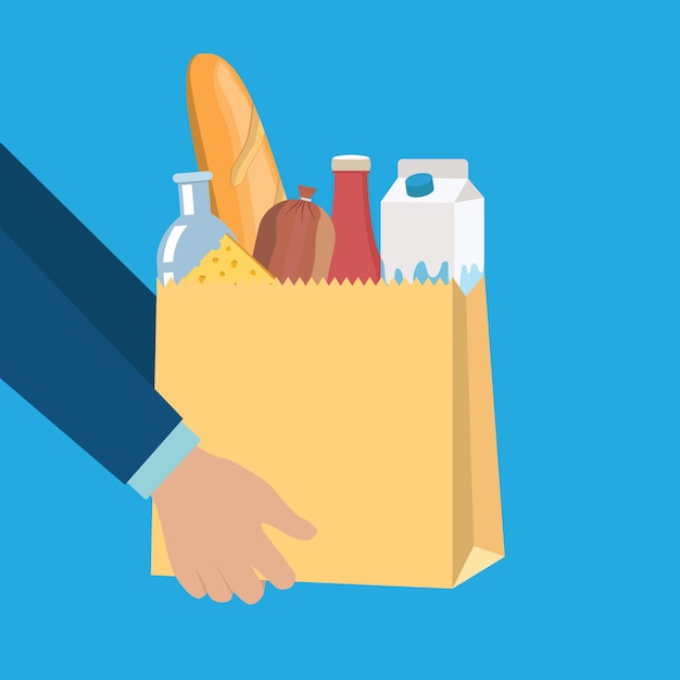 Boodschappen in papieren boodschappentas met kaas Premium Vector
