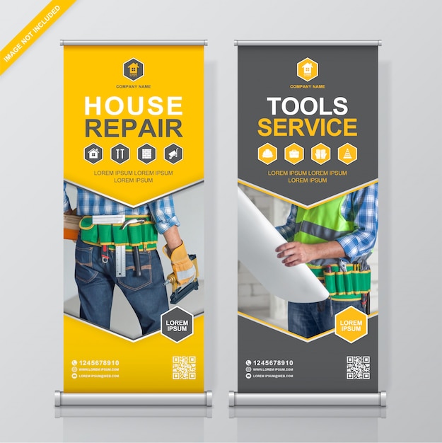 Bouw hulpmiddelen oprollen en staan banner ontwerpsjabloon Premium Vector