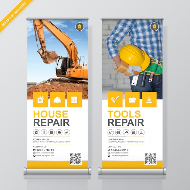 Bouw hulpmiddelen oprollen en staan banner ontwerpsjabloon Premium Vector