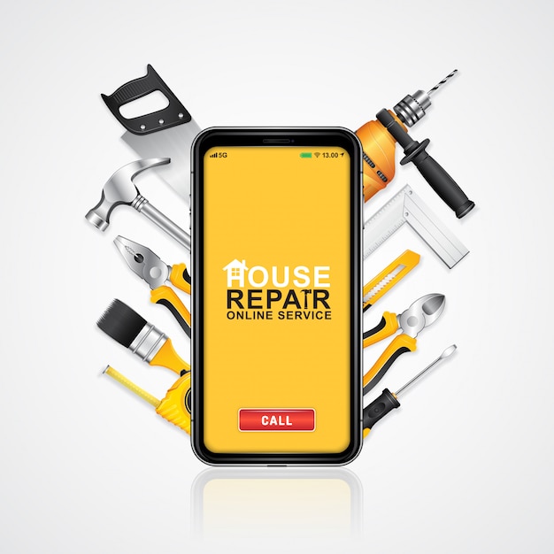 Bouwgereedschap online servicetelefoon met gereedschapsbenodigdheden Premium Vector