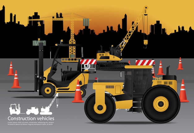Bouwvoertuigen set met gebouw achtergrond Premium Vector