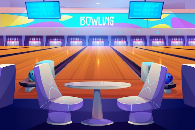 Bowling club interieur tafels en speelbanen Gratis Vector