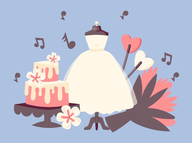 Bruiloft dag uitnodiging set met bruidstaart, boeket bloemen, noten van muziek en witte jurk. Premium Vector