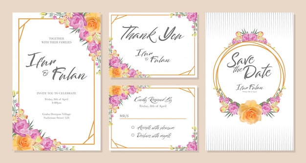 Bruiloft uitnodiging kaart ontwerp sets met bloemen Premium Vector