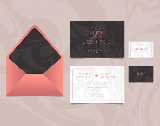 Bruiloft uitnodiging kaartsjabloon met envelop, elegant ontwerp op roze, zwarte en witte kleuren Premium Vector