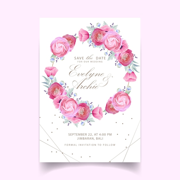 Bruiloft uitnodiging met bloemen ranunculus en poppy bloemen Premium Vector