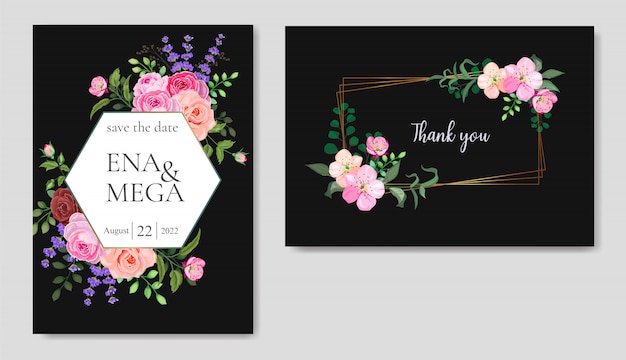 Bruiloft uitnodiging set met prachtige bloemen bladeren Premium Vector