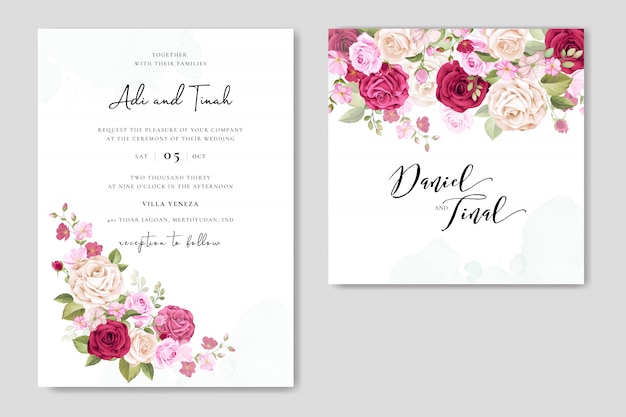 Bruiloft uitnodiging set met prachtige bloemen en bladeren Premium Vector