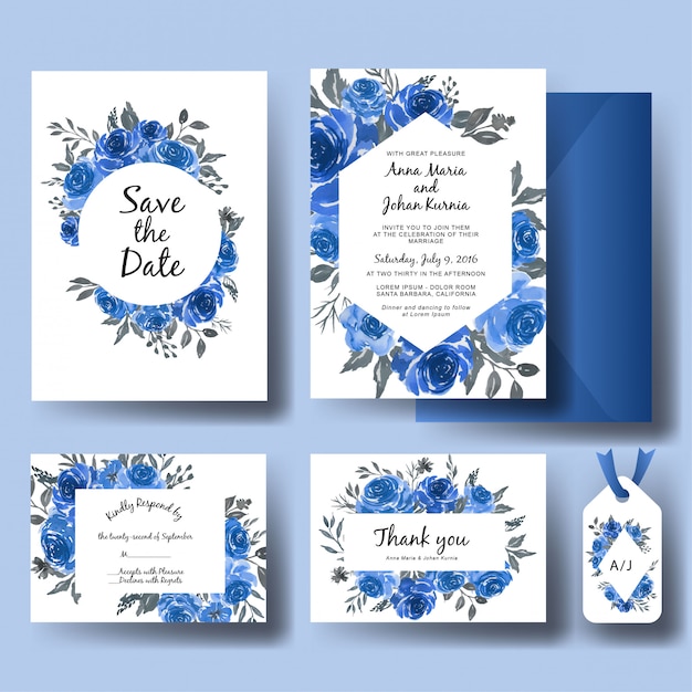 Bruiloft uitnodiging set van zoete aquarel bloemen blauwe sjabloon Premium Vector