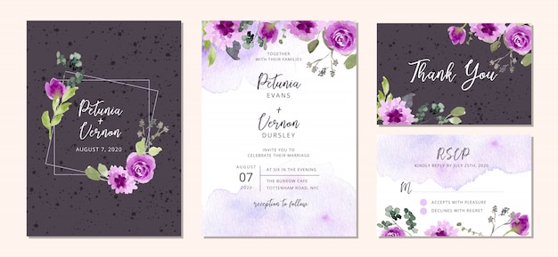 Bruiloft uitnodiging suite met paarse bloemen en splatter aquarel Premium Vector