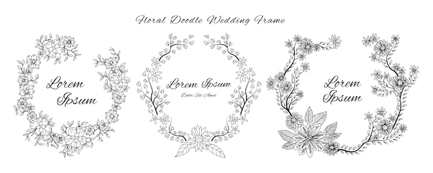Bruiloft uitnodigingskaart met doodle schets overzicht bloemen en bloem sierontwerp stijlsjabloon Premium Vector