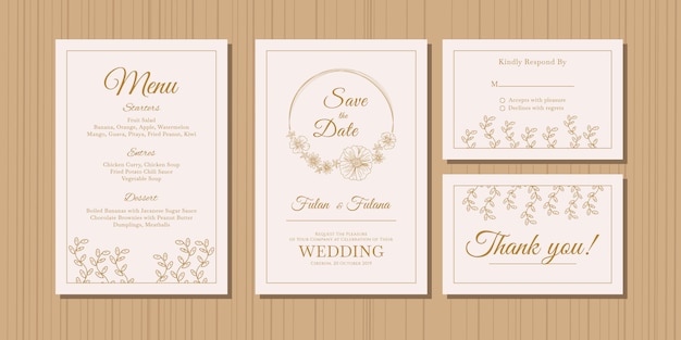 Bruiloft uitnodigingskaart met gouden doodle schets overzicht bloemen en bloem sierontwerp stijlsjabloon Premium Vector