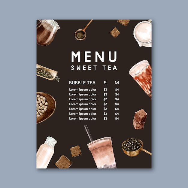 Bruin suiker bubble melk thee menu, advertentie inhoud vintage, aquarel illustratie instellen Gratis Vector