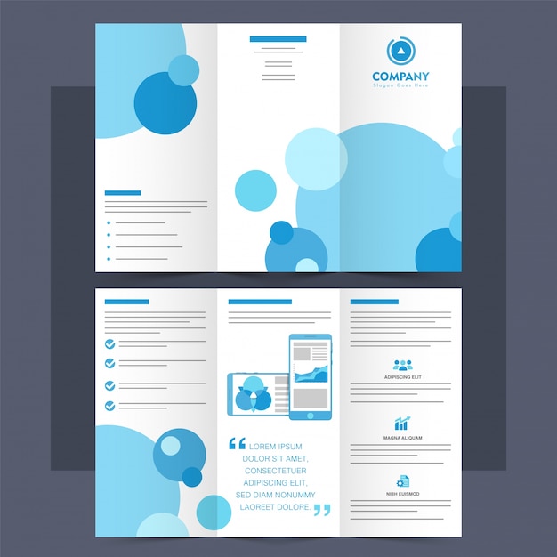 Business tri-fold brochure, leaflet met blauwe cirkels. | Gratis Vector