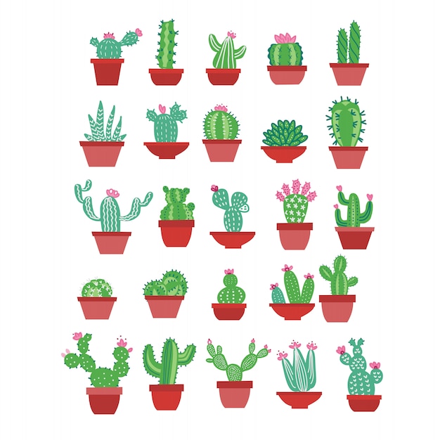 Cactuspictogrammen in een vlakke hand getrokken stijl op een witte achtergrond. de cactus van huis groene installaties met bloemen in potten. Premium Vector