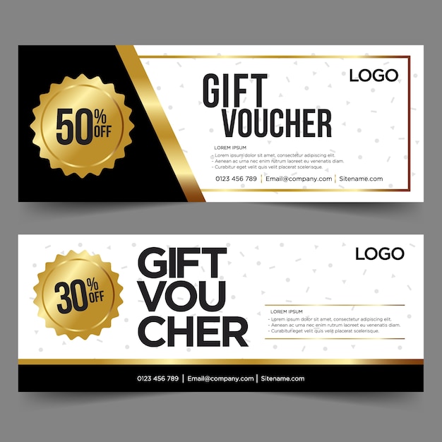 Cadeaubon sjabloon met gouden en zwarte achtergrond Premium Vector