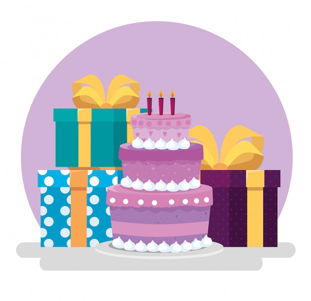 Cake met kaarsen en geschenken met lint strikken Gratis Vector