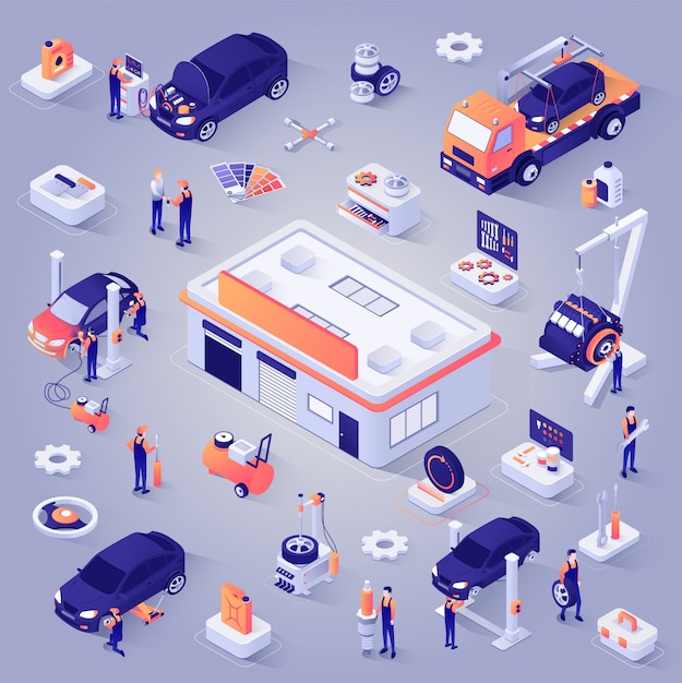 Car service isometric projection vector icons set Premium Vector