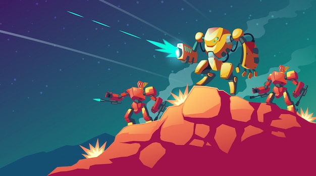 Cartoon afbeelding met robot oorlog op buitenaardse planeet, mars. landschap met gevechtsrobots. Gratis Vector