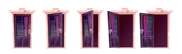 cartoon deur openen motion sequentie animatie sluit op een kier en open houten deuropeningen met glazen ramen gordijn en duisternis binnenin home gevel entree illustratie pictogrammen instellen gratis vector