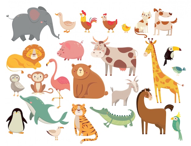 Cartoon dieren. leuke olifant en leeuw, giraf en krokodil, koe en kip, hond en kat ingesteld Premium Vector