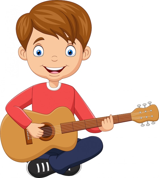 Cartoon Gelukkige Jongen Gitaar Spelen Premium Vector