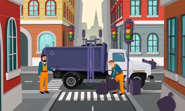 Cartoon illustratie van stad kruispunt met verkeerslichten, vuilniswagen en werknemers halen Gratis Vector